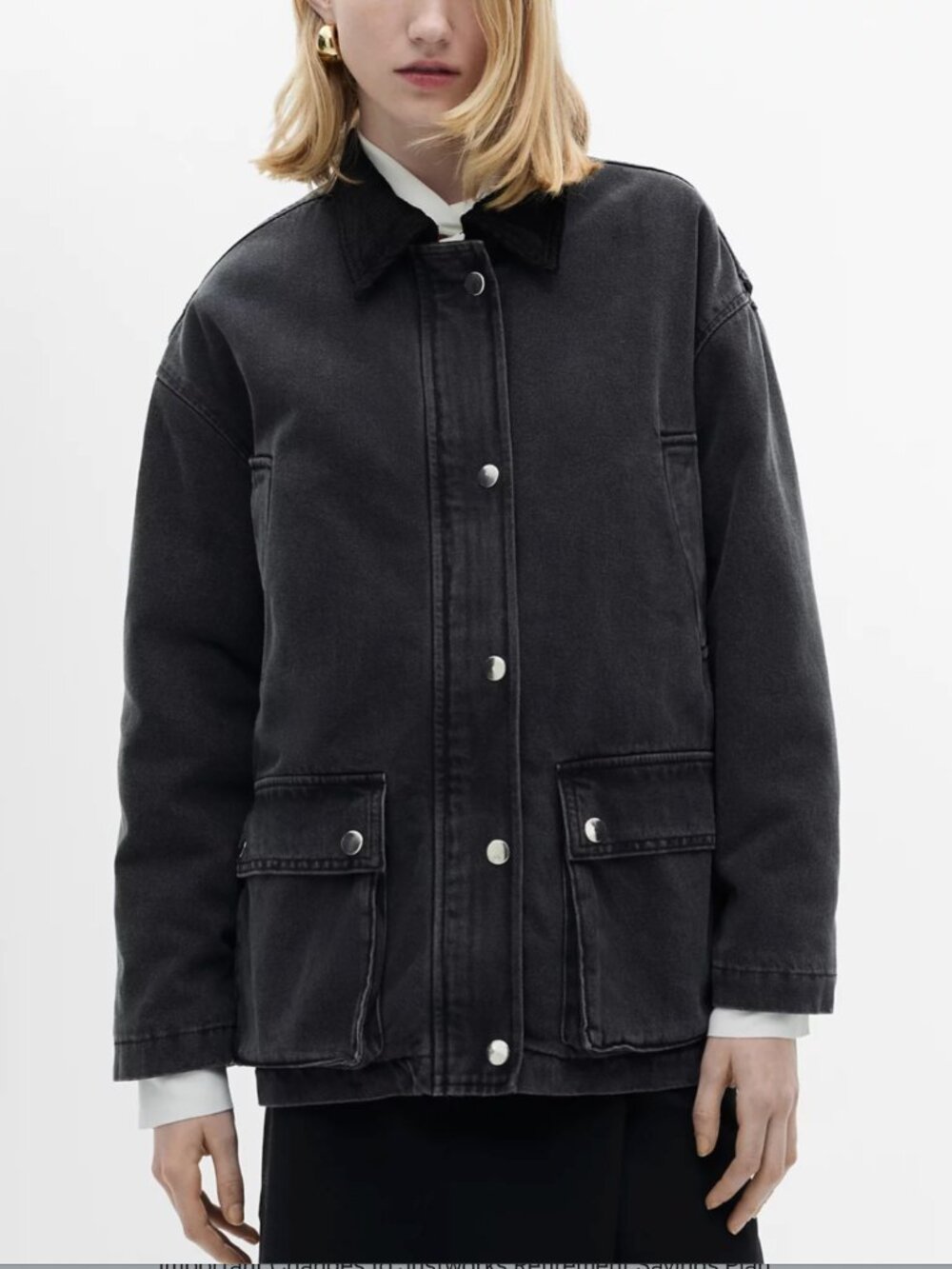 MANGO FADED BLACK DENIM BARN JACKET WITH CORDUROY COLLAR POCKETS